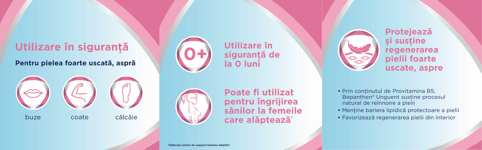 Colaj de trei imagini Bepanthen Unguent: Prima imagine prezinta unguentul cu mentiunea beneficiilor Pro-Vitaminei B5, a doua imagine ilustreaza un bebelus cu unguentul plasat sub el, iar a treia imagine subliniaza absenta parfumurilor, conservantilor si antisepticelor in produs pentru o protectie blanda si eficienta. Toate pe fundal albastru cu logo-ul Bayer in colt.